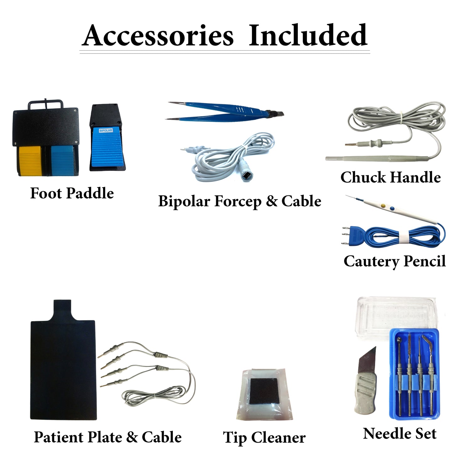 Accessories for Vishal Surgical Co bipolar cautery machine, including cables and precision electrosurgical generator unit components.
