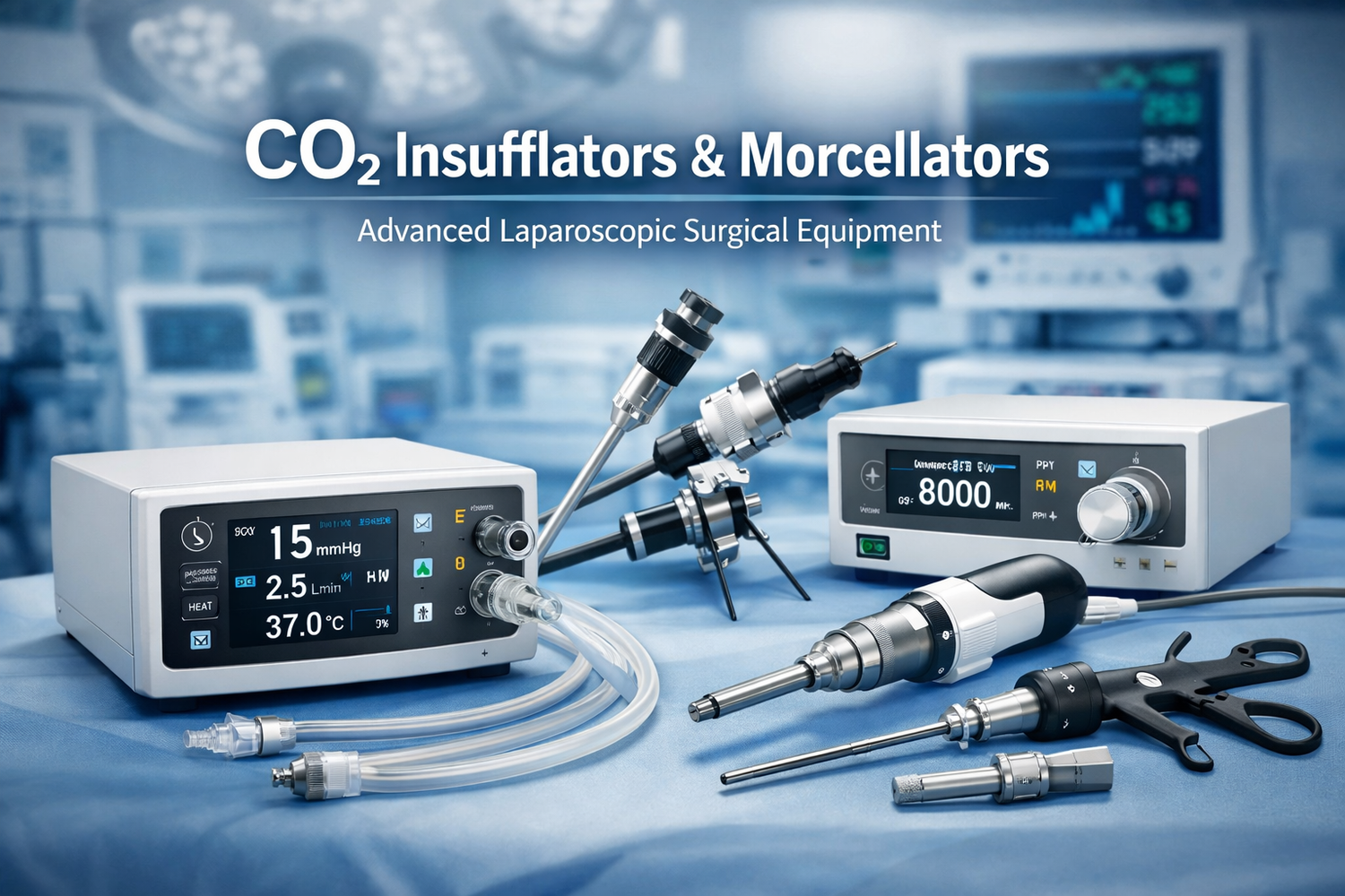 CO2 insufflators and morcellators laparoscopic surgical equipment displayed in a modern operating room setting.