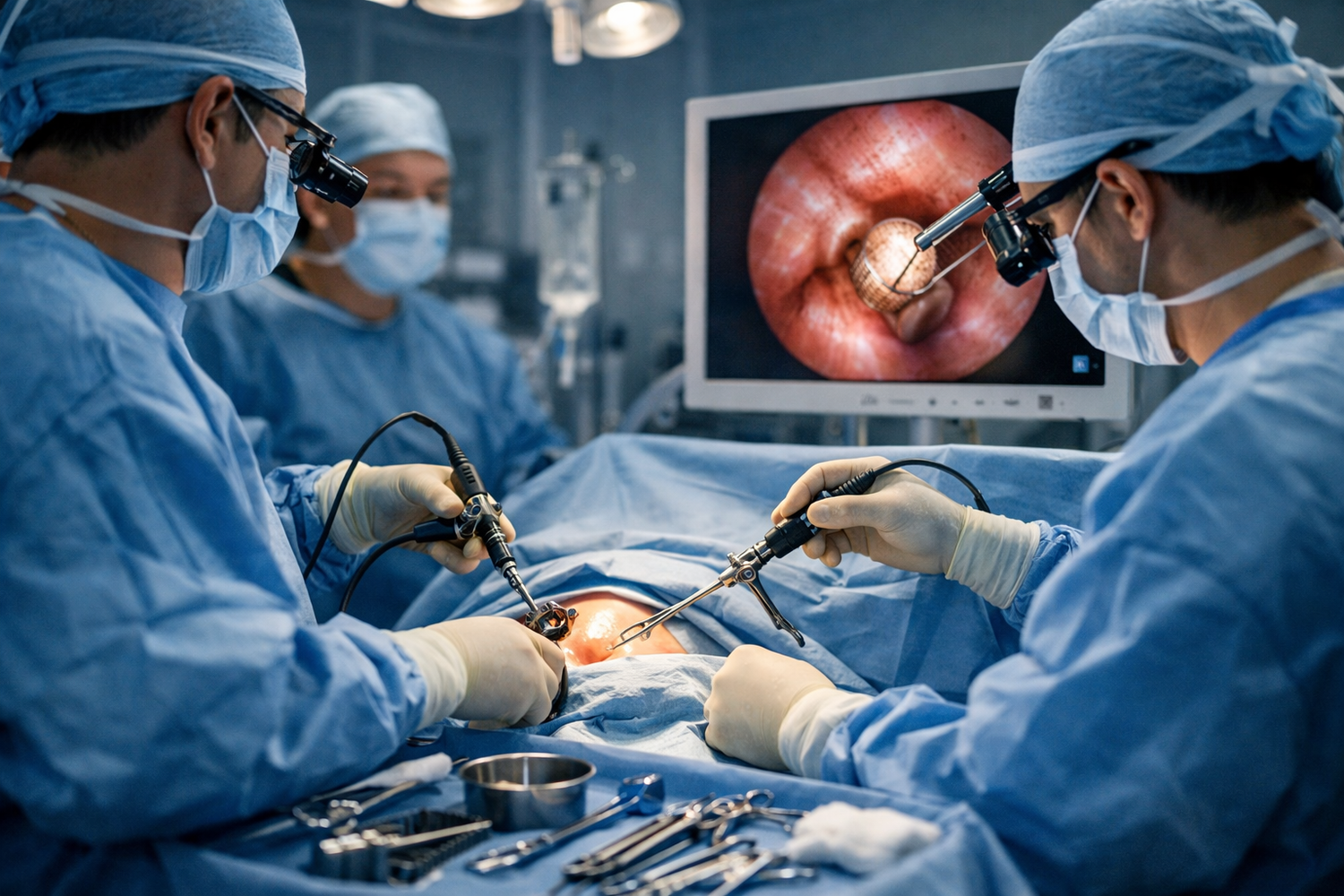 Surgeons performing a urological endoscopic surgery using specialized urology instruments in an operating room.