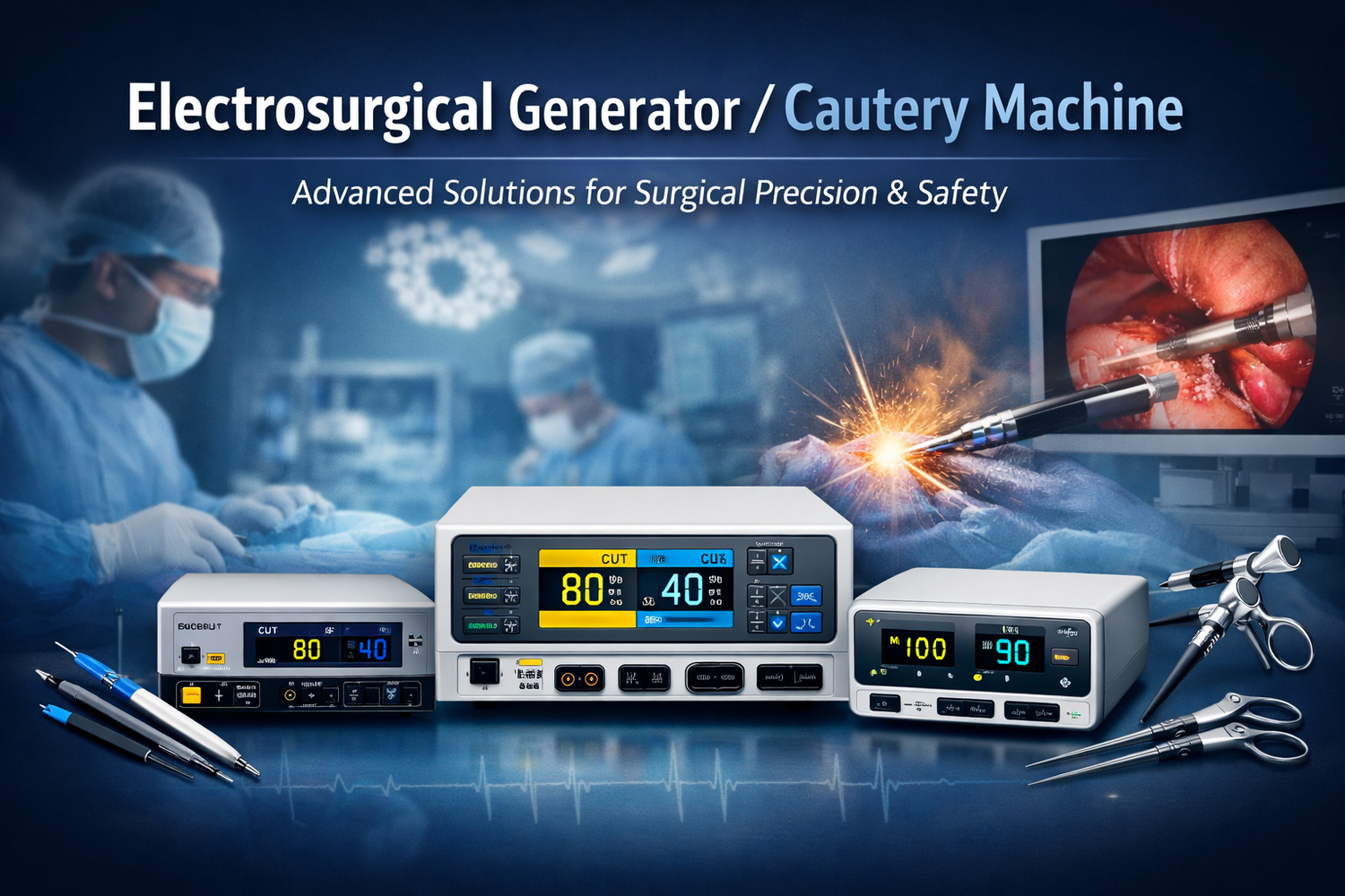 Electrosurgical generator cautery machines with surgical instruments in operating room setting used for precise cutting and coagulation in medical procedures.