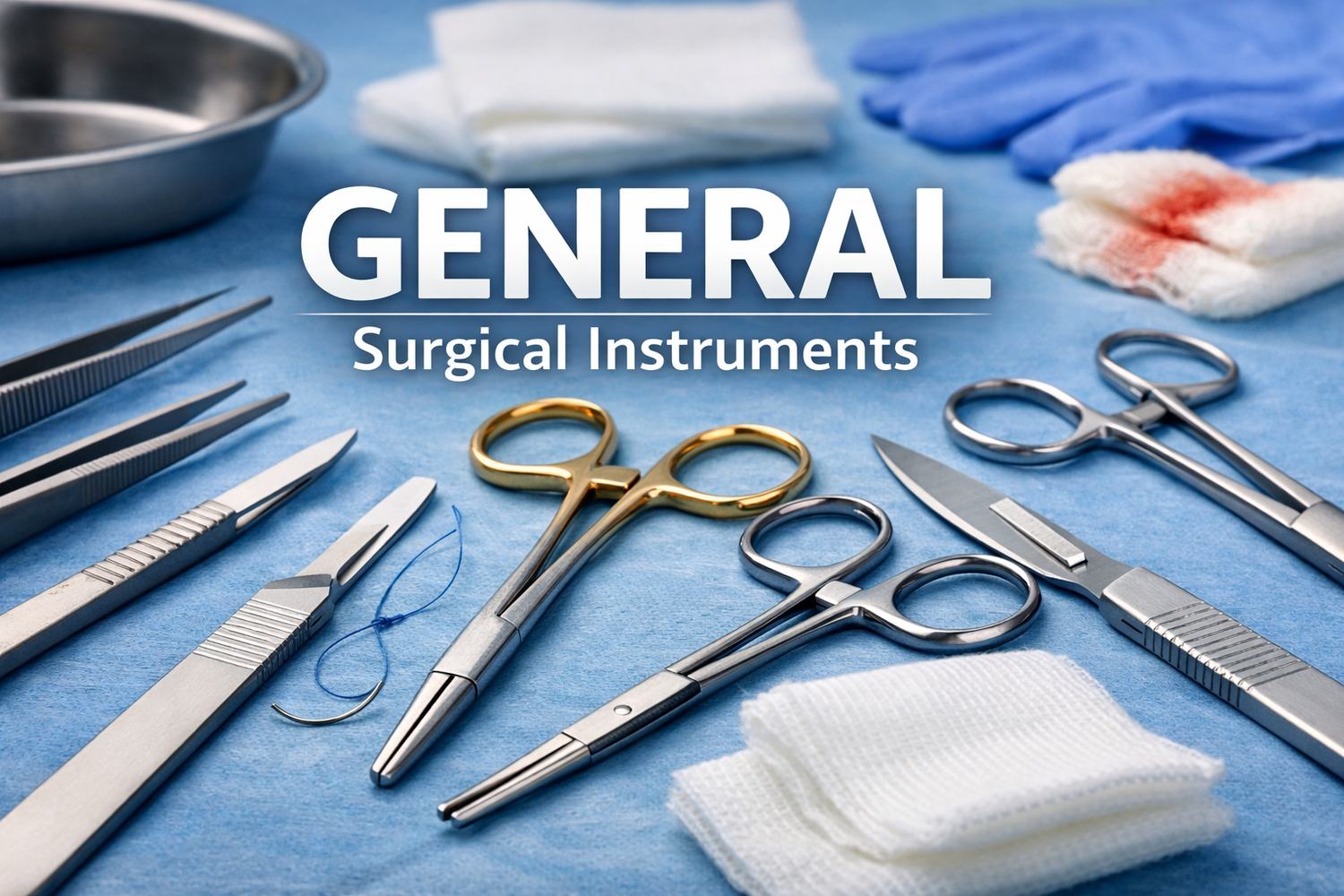 General surgical instruments including scissors, forceps, scalpel and needle holders arranged on a sterile surgical drape.
