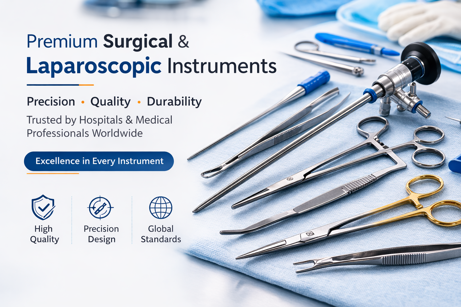 Premium laparoscopic and surgical instruments displayed on a sterile blue surgical drape in a modern hospital operating room setting.