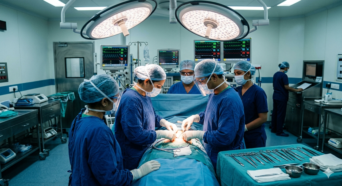 Surgeons performing a surgical procedure in a modern operating room with sterile medical instruments and surgical equipment.