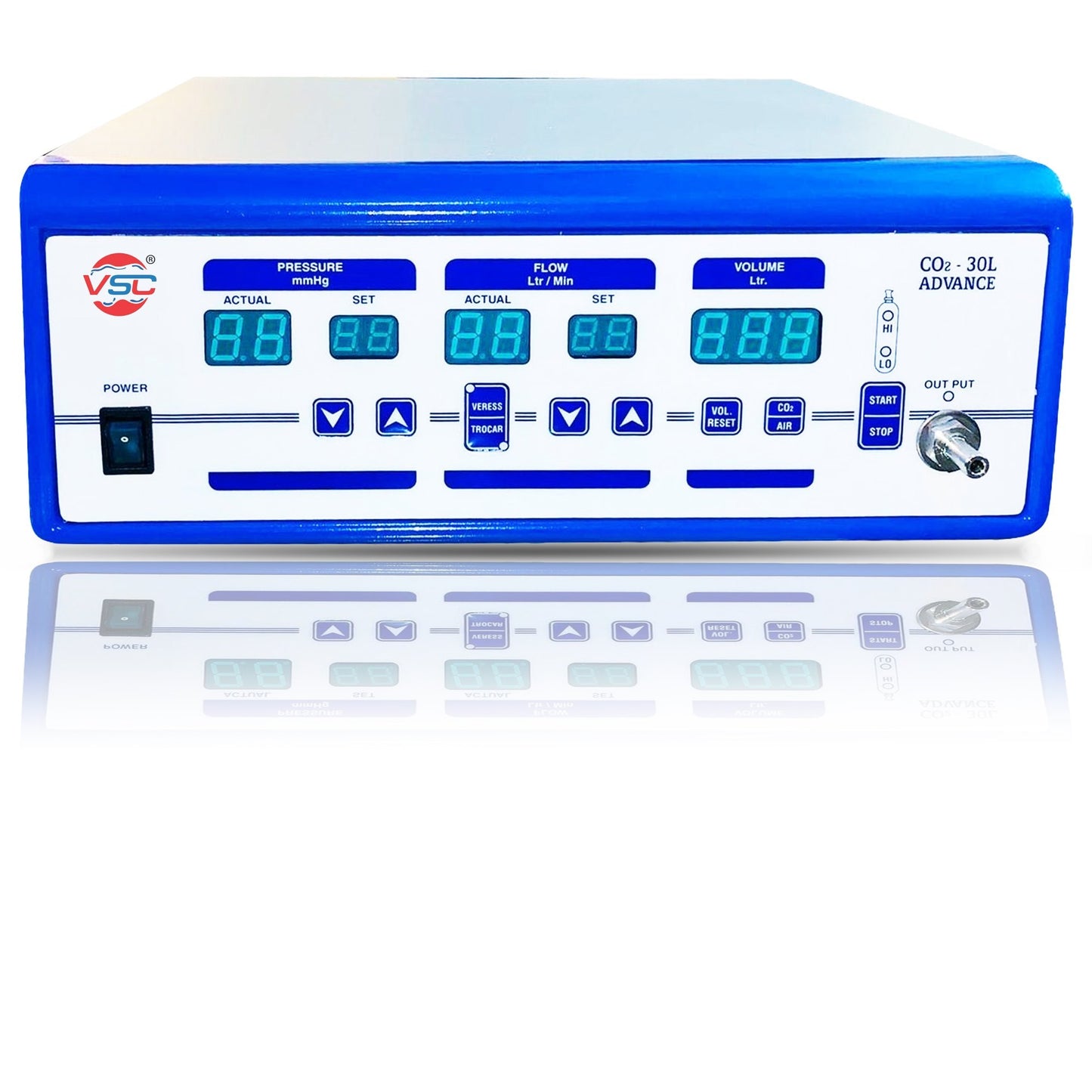 Vishal Surgical Co laparoscopic CO2 insufflator with 30-liter capacity used in minimally invasive surgeries.