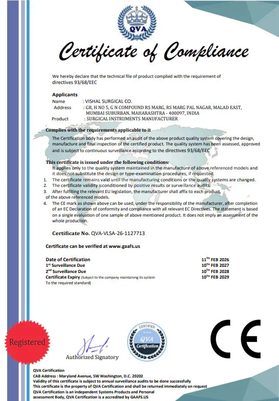 CE Certificate of Compliance for surgical instruments manufacturer with official seals and signatures