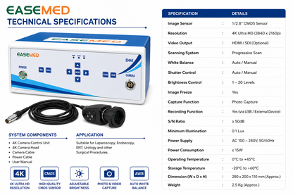 EASEMED EM4K 4K UHD Endoscopy & Laparoscopy Camera System | 3840×2160 60FPS CMOS Medical Camera with Camera Head