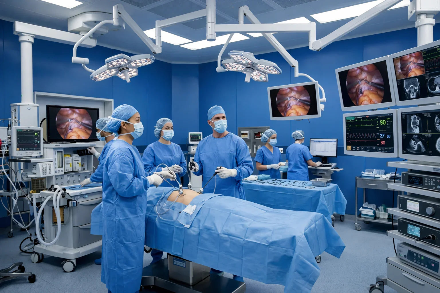 Surgeons performing laparoscopic surgery in a modern operating room with medical monitors and surgical instruments.
