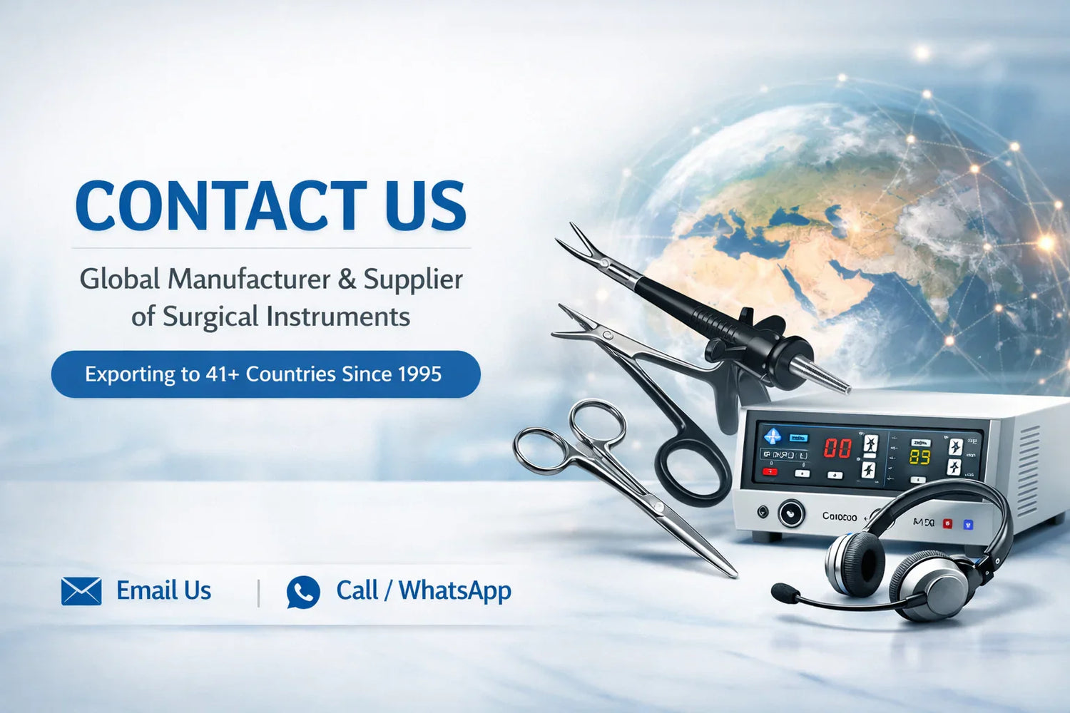 Contact page banner with surgical instruments, cautery machine, headset, and world map background