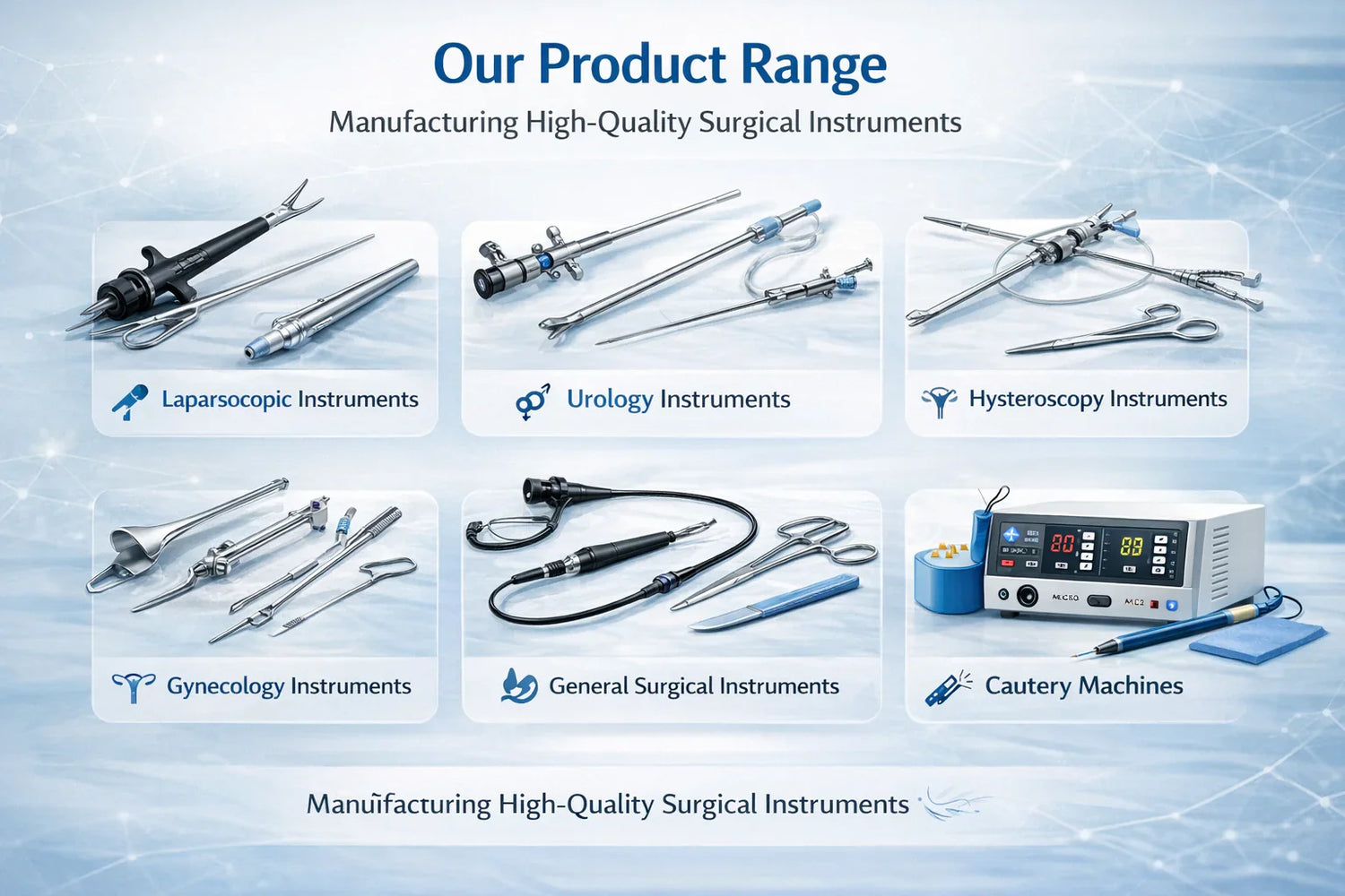 Various surgical instruments including laparoscopic, urology, hysteroscopy, gynecology, general surgical tools, and a cautery machine displayed on a blue background.