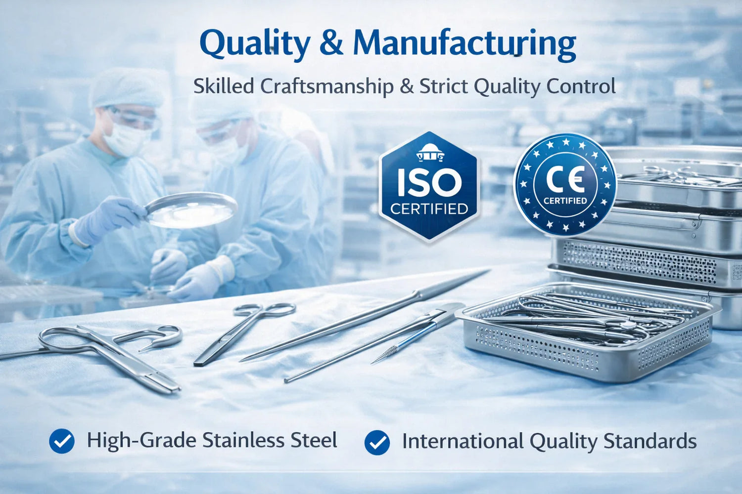 Surgical instruments on sterile table, medical staff in scrubs, ISO and CE certified, stainless steel.