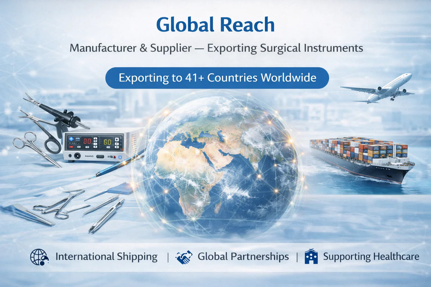 Surgical instruments, cautery machine, globe, cargo ship, and airplane showing global medical supply export