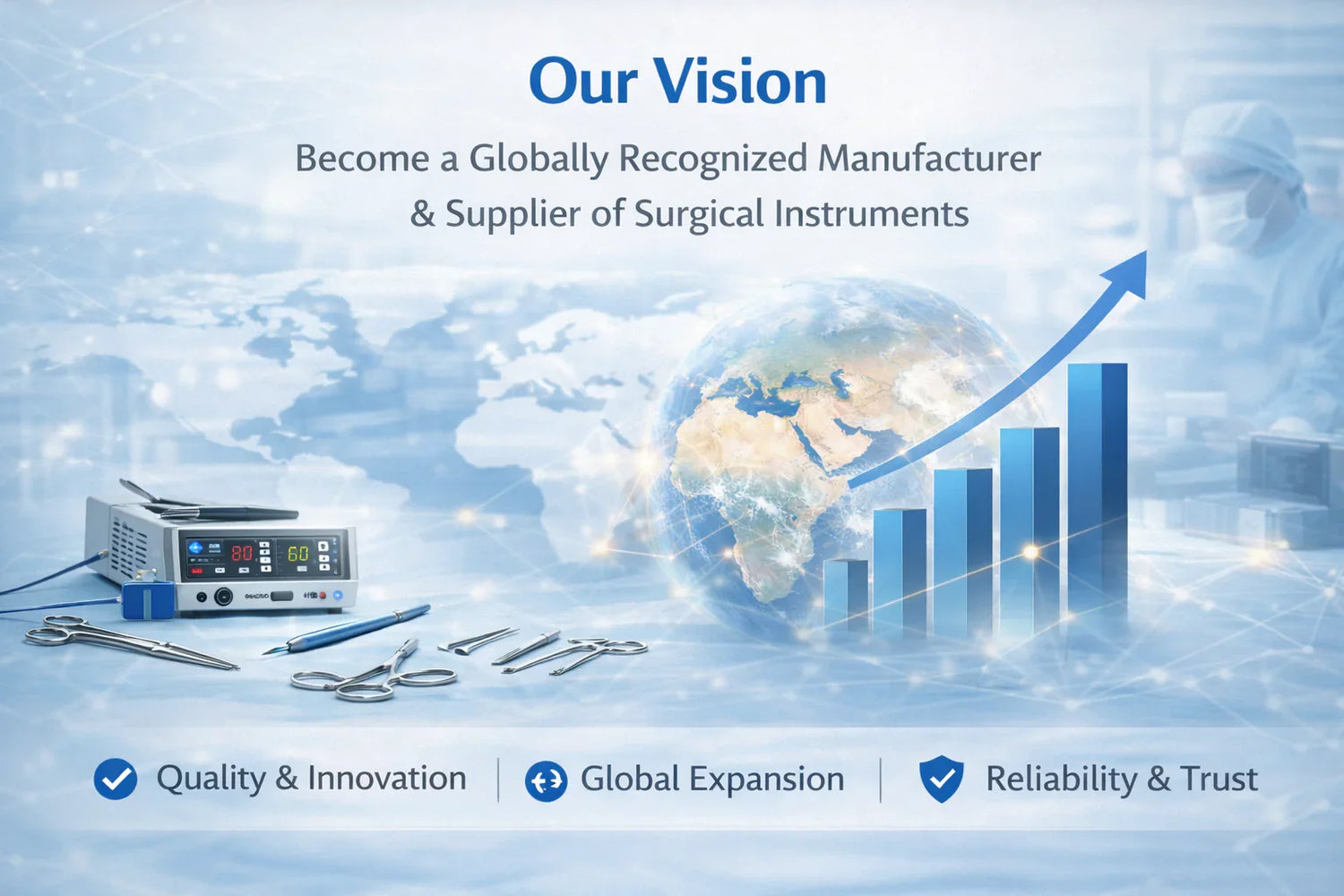 Surgical instruments and cautery machine with world map, growth chart, and global medical vision theme.