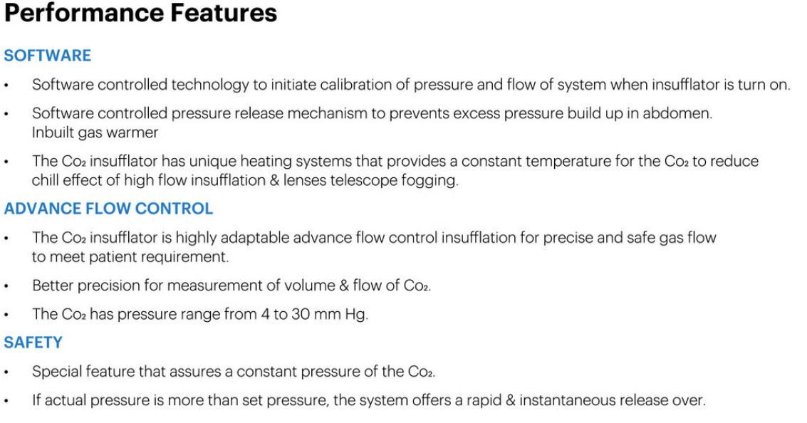 Vishal Surgical Co laparoscopic CO2 insufflator displaying control panel and performance features for minimally invasive surgery.