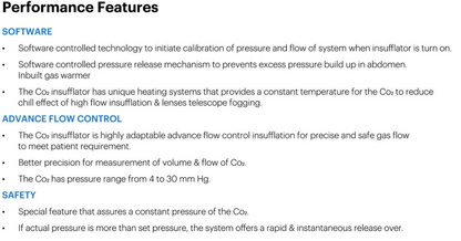 Vishal Surgical Co laparoscopic CO2 insufflator displaying control panel and performance features for minimally invasive surgery.