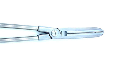 Stainless steel surgical instrument clamp with grooved jaws on white background
