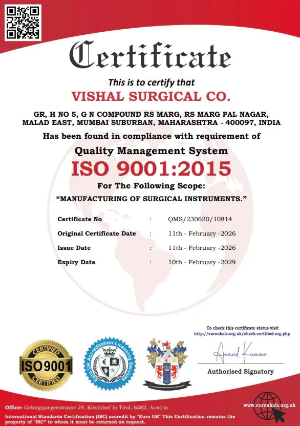 ISO 9001:2015 quality management certificate for manufacturing surgical instruments