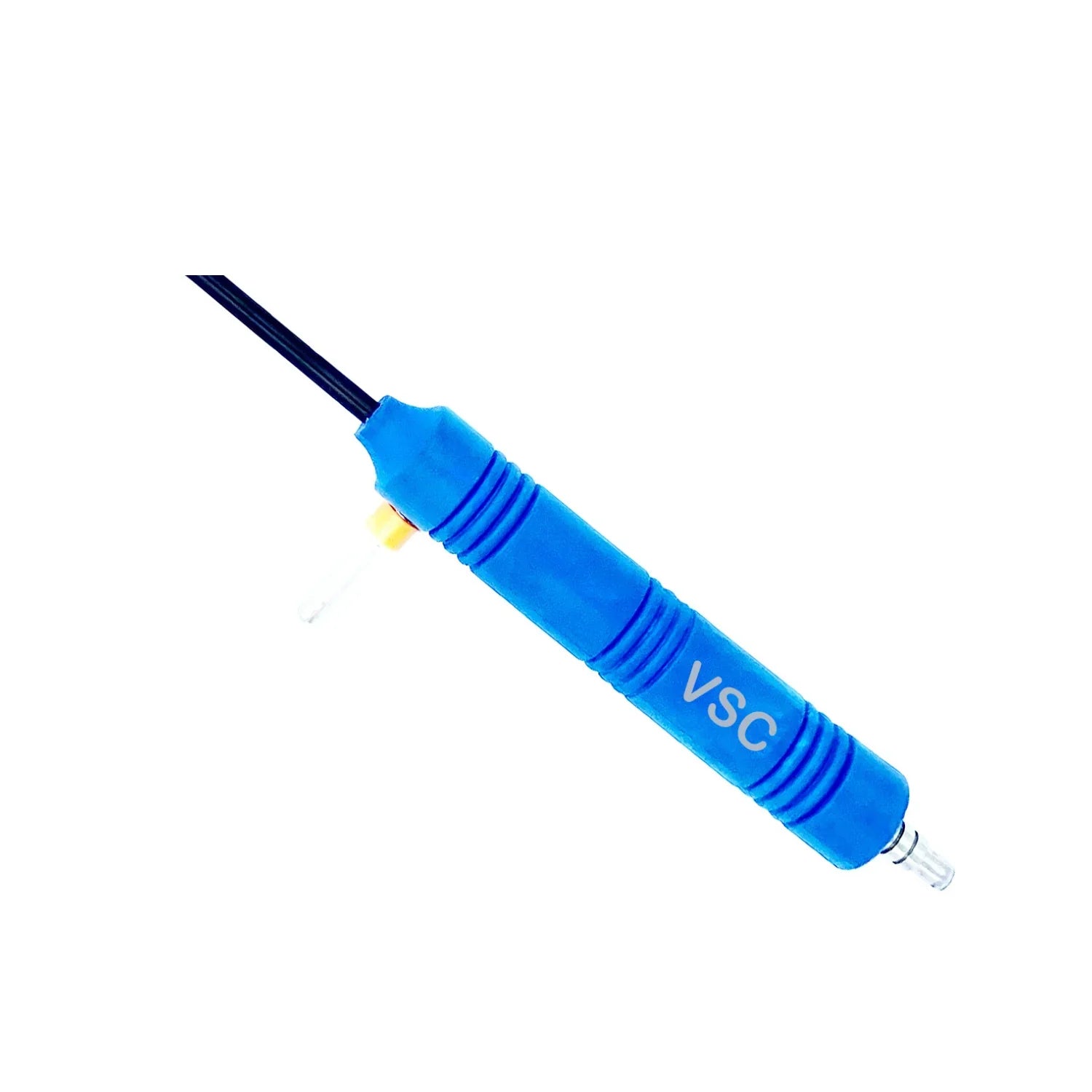 Laparoscopic aspiration needle with blue ergonomic handle and VSC marking, used in minimally invasive surgery.
