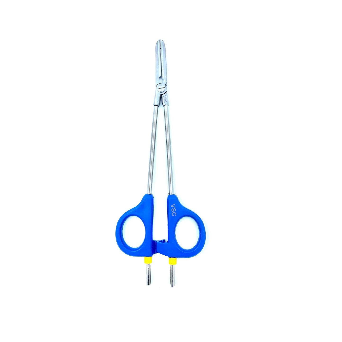 Laparoscopic bipolar vessel sealer forceps with blue handles on white background