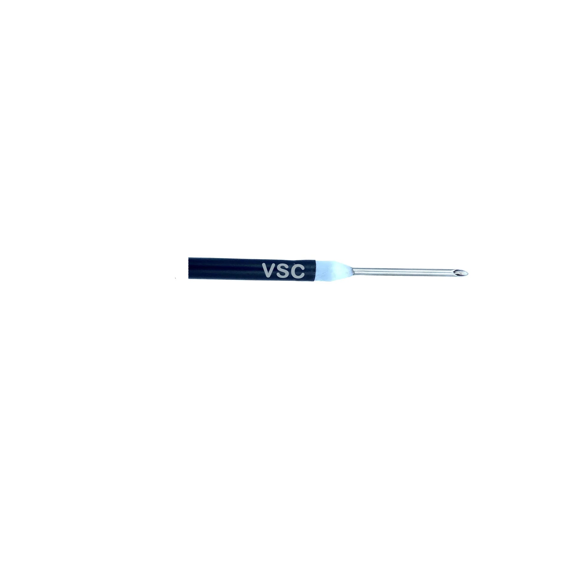 Laparoscopic aspiration needle with metal tip and black handle marked VSC on white background