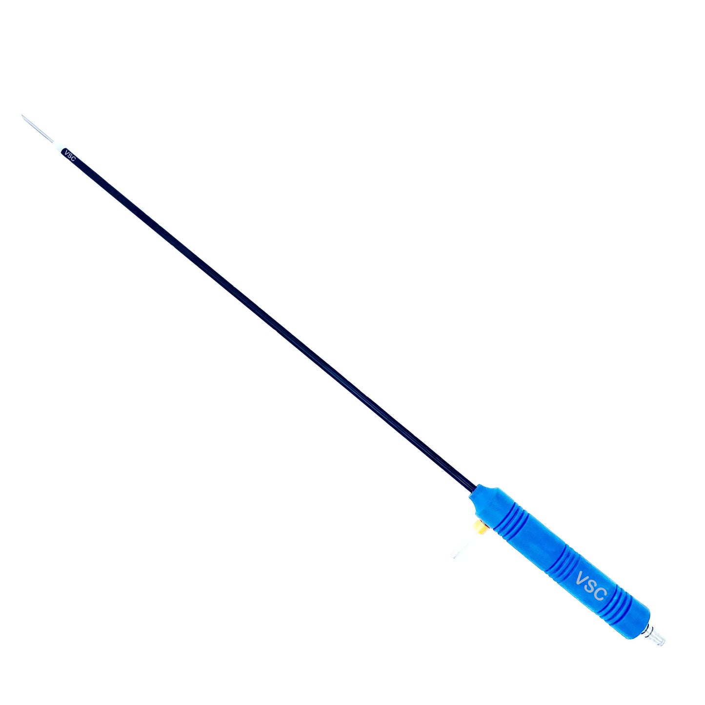 Laparoscopic aspiration needle with blue handle and long thin shaft on white background