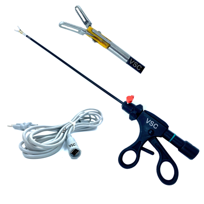 Laparoscopic bipolar forceps with fenestrated tips and cable, used in minimally invasive surgical procedures by Vishal Surgical Co.