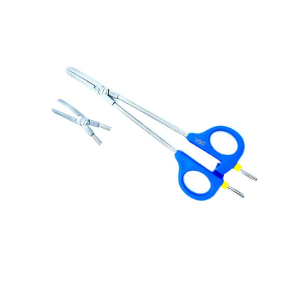 Laparoscopic bipolar vessel sealer forceps with blue handles and metal jaws on white background