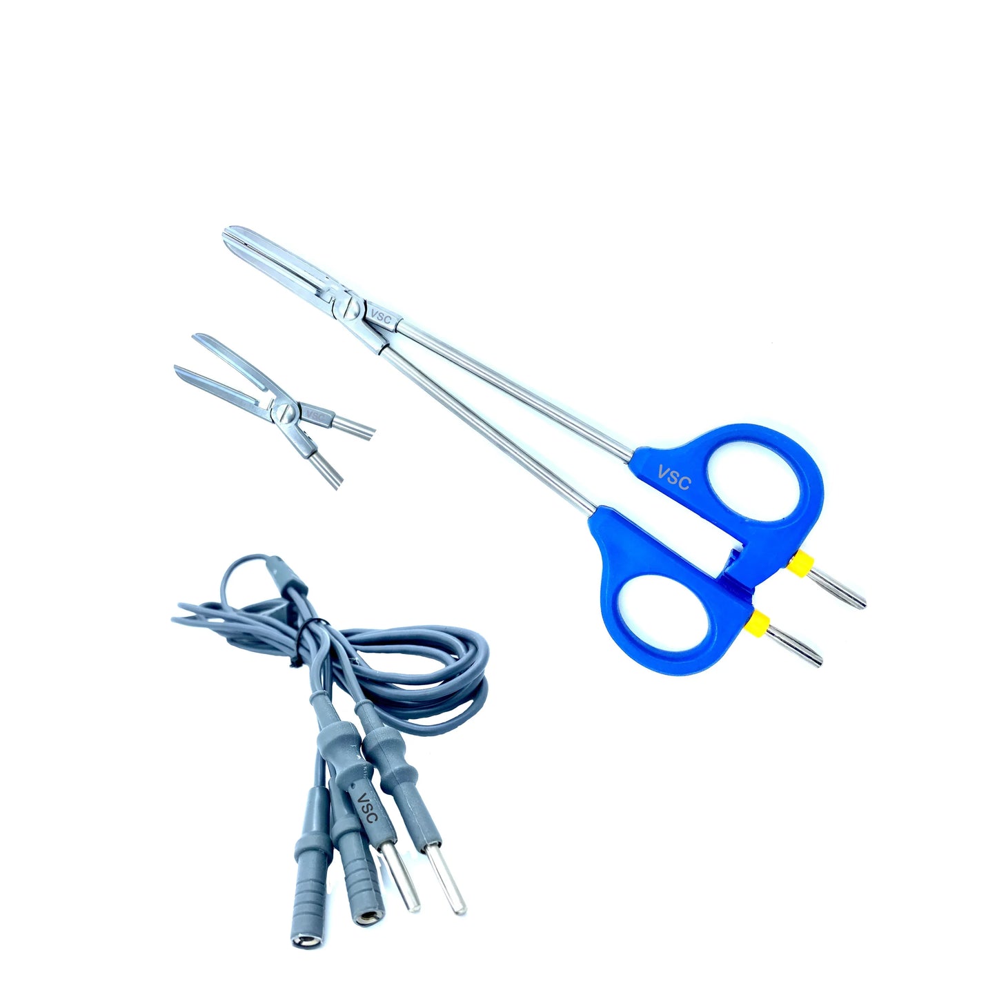 Laparoscopic bipolar vessel sealer forceps with blue handles, cable, and replaceable tips