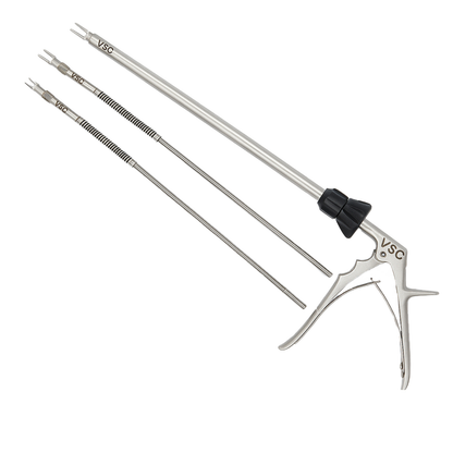 Vishal Surgical Co laparoscopic clip applicator, a precise surgical instrument for minimally invasive procedures, shown in close-up view.