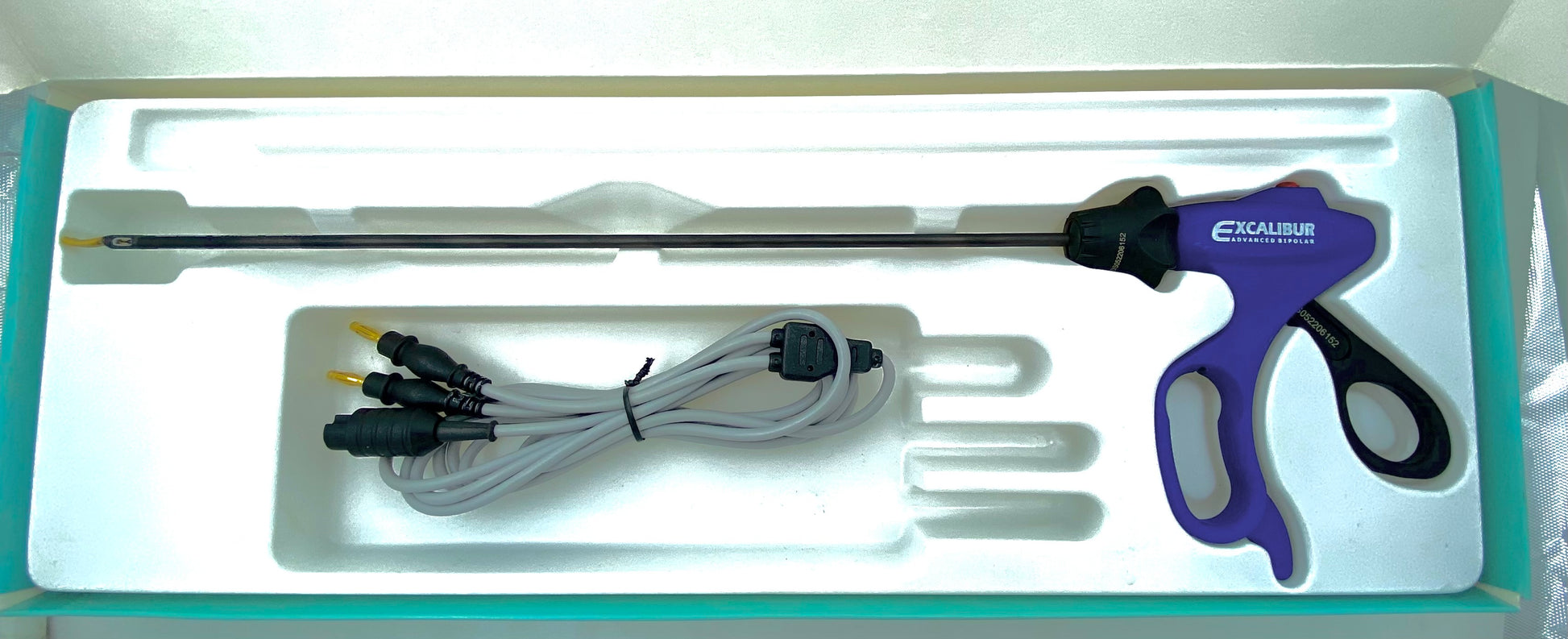 Laparoscopic Excalibur Bipolar Shearer vessel sealer and cutter forceps with ergonomic handles and sealing jaws for surgical procedures.