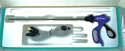 Laparoscopic Excalibur Bipolar Shearer vessel sealer and cutter forceps with ergonomic handles and sealing jaws for surgical procedures.