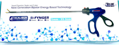 Laparoscopic Excalibur Bipolar Shearer vessel sealer and cutter forceps used in minimally invasive surgery, with a metallic grip and sealing tips.