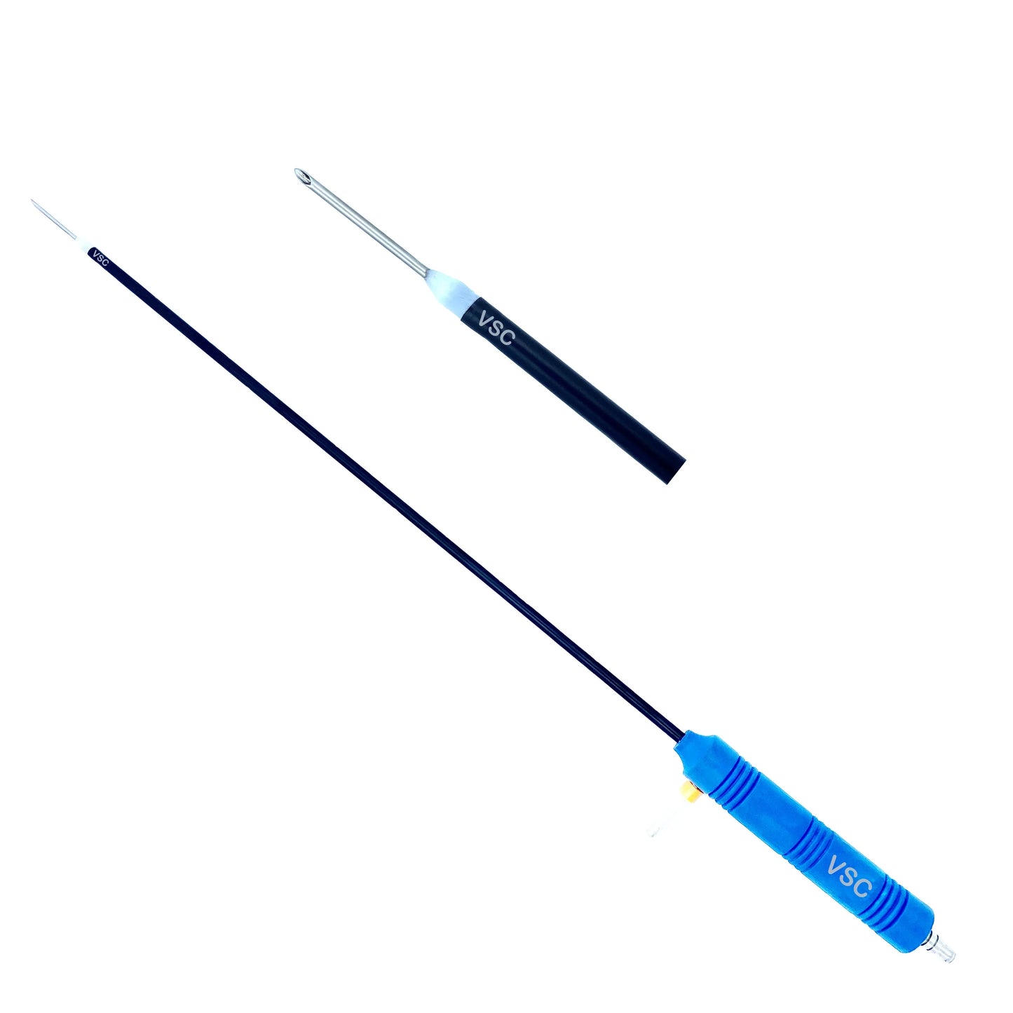 Laparoscopic aspiration needle with blue handle and metallic tip on white background
