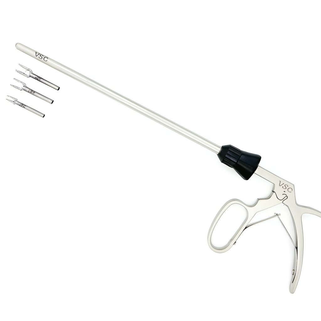 Vishal Surgical Co laparoscopic clip applicator for minimally invasive surgical procedures, shown with metal clip attachment.