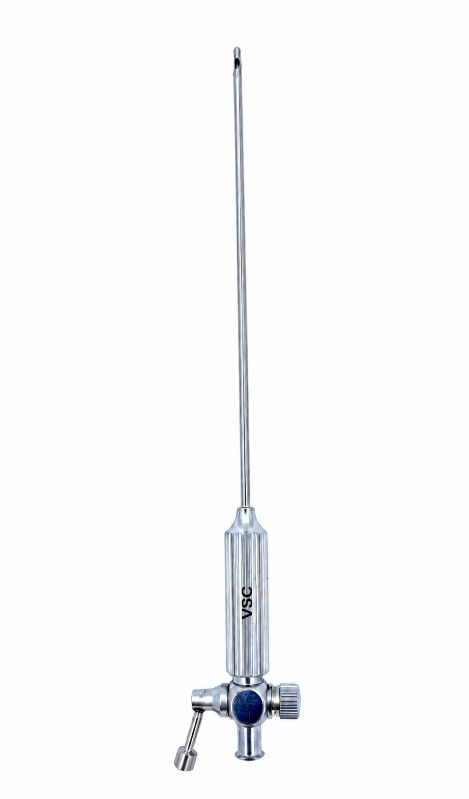 VSC laparoscopic Veress needle with a slender shaft, side opening near the tip, grooved handle and stopcock assembly.