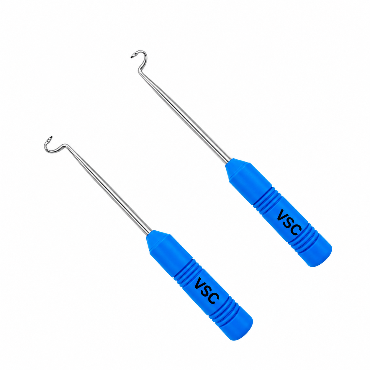 VSC left and right TOT Nande transobturator needles with curved eyelet tips and blue grooved handles.