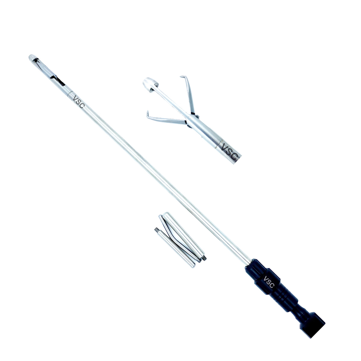 VSC Mangeshkar uterine manipulator rod with black handle, detachable rods and close-up of open tenaculum-style tip