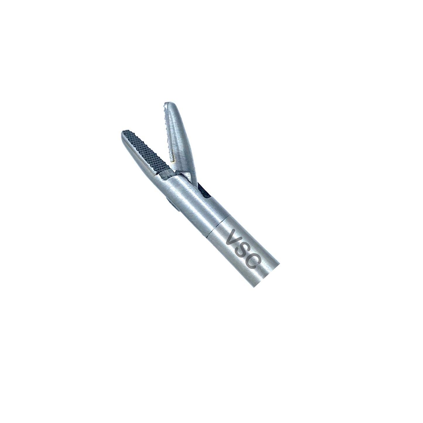 Laparoscopic needle holder surgical instrument by Vishal Surgical Co, 5mm size, with stainless steel tips for precise suturing.