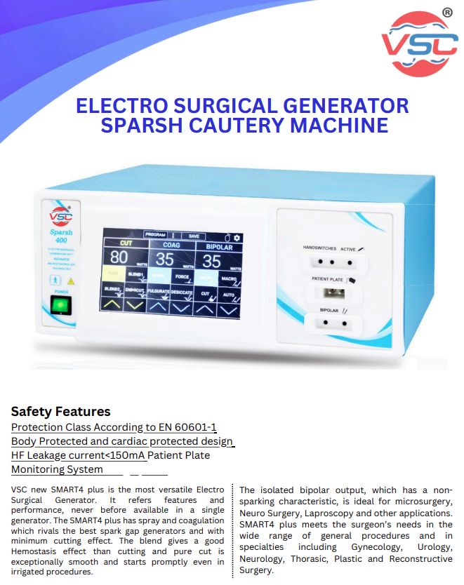 Vishal Surgical Co Sparsh 400W electrosurgical generator with touchscreen display, bipolar cautery machine for surgical procedures