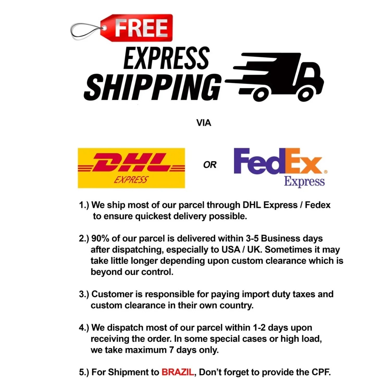 Free express shipping information with DHL and FedEx logos, delivery terms, and shipping details.