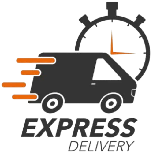 Express delivery icon with fast-moving van and stopwatch in background