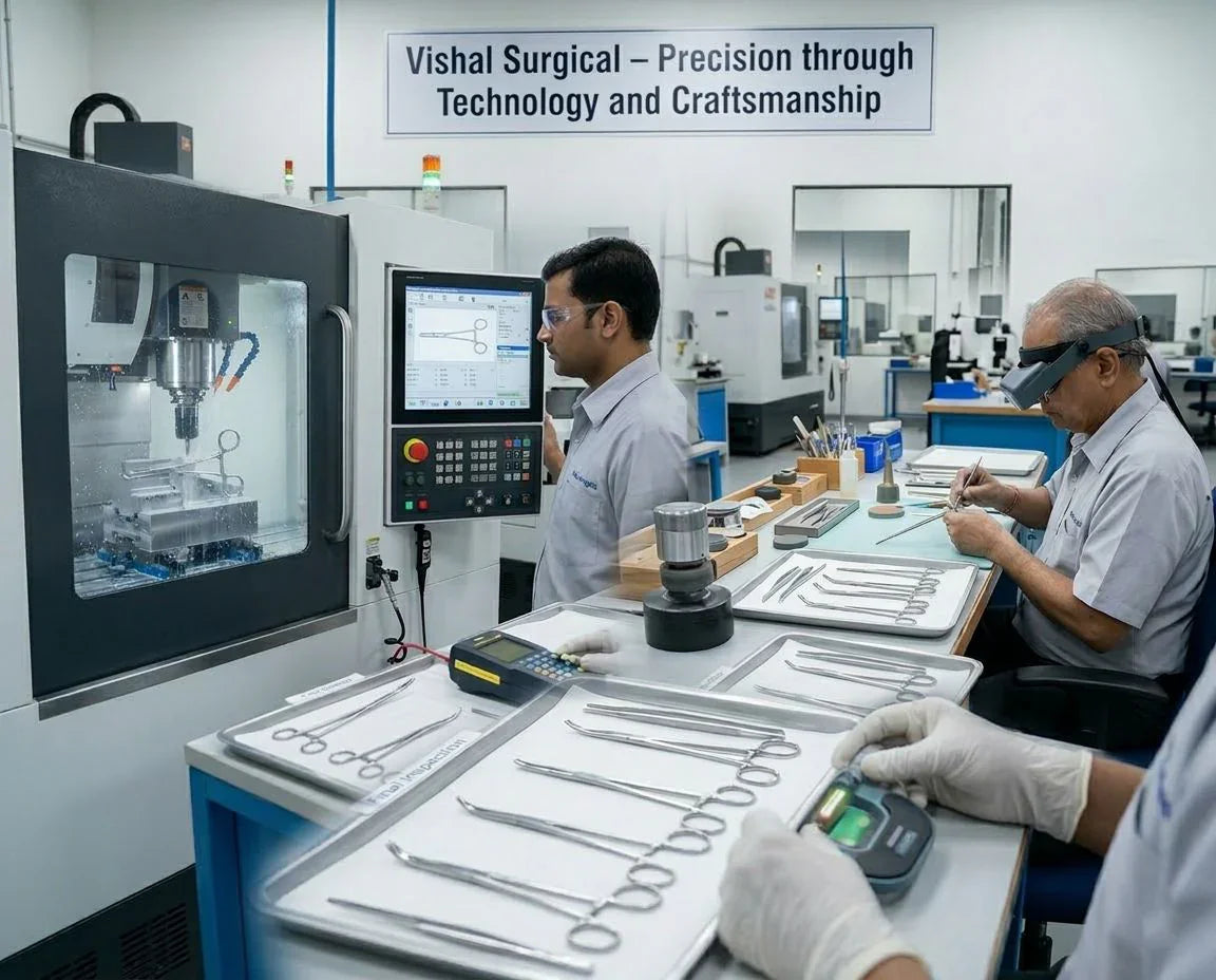 Technicians inspecting and assembling surgical instruments in a modern manufacturing facility