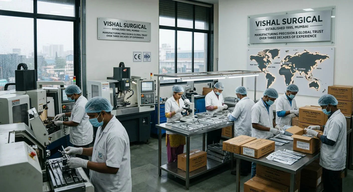Workers in lab coats and masks manufacturing surgical instruments in a sterile factory setting