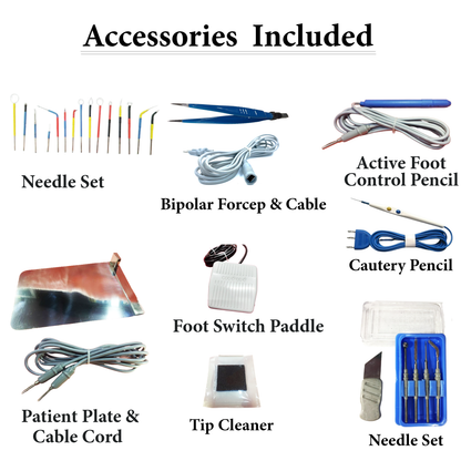 Vishal Surgical Co RF Cautery Machine accessories including electrodes and cables for electrocautery procedures.