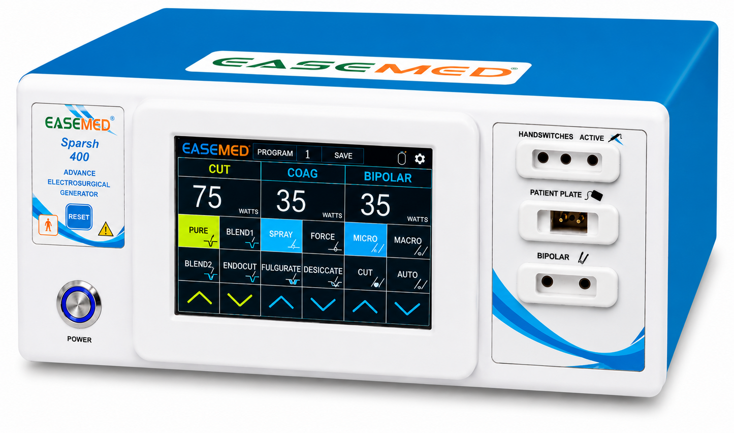 EASEMED Sparsh 400 key features including 400W output, touchscreen and monopolar and bipolar modes