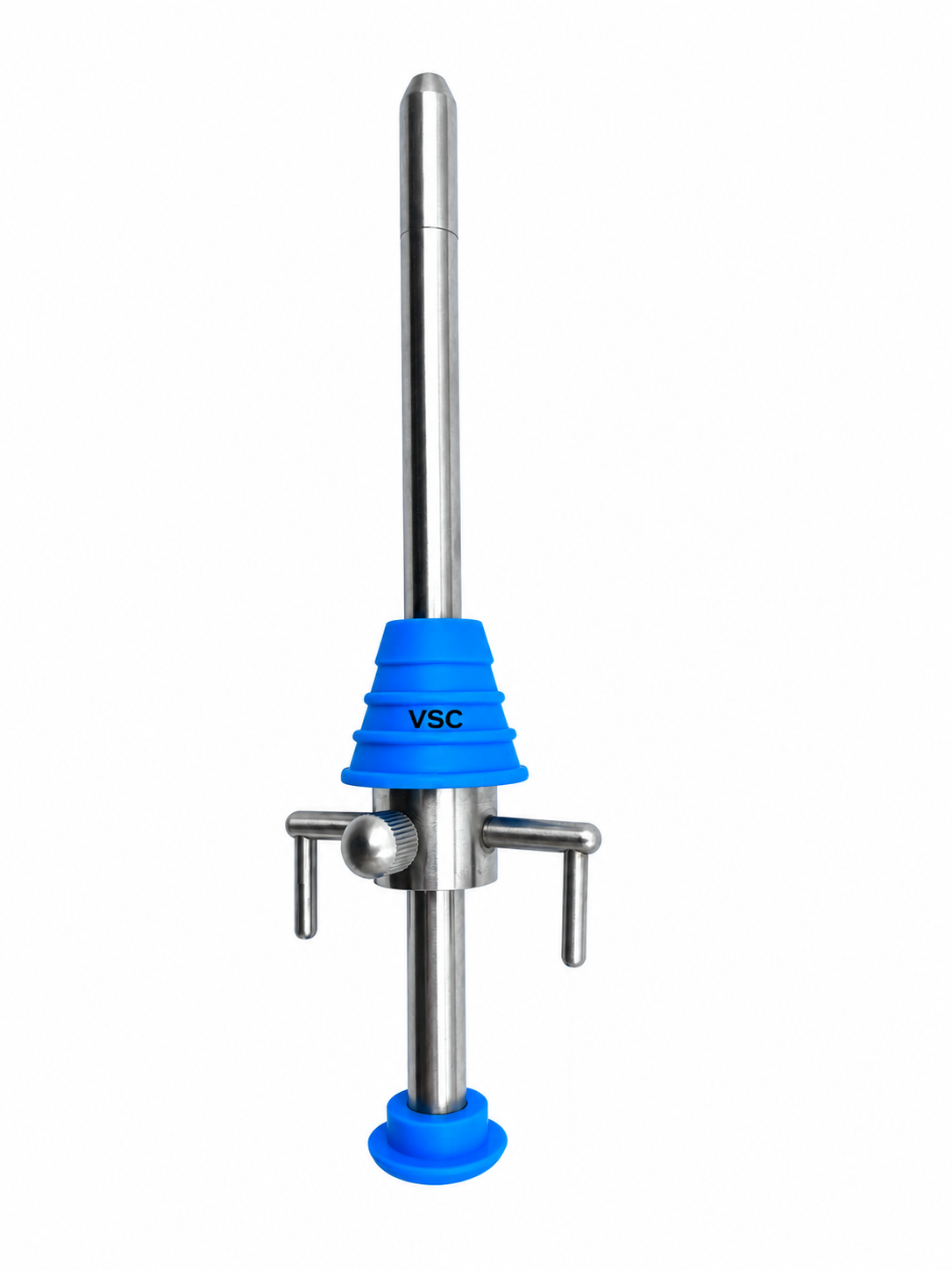 VSC 10mm laparoscopic Hasson trocar with blunt tip, blue tapered cone, fixation screw and side suture supports.