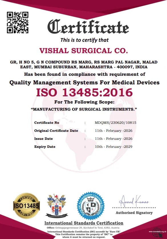 ISO 13485:2016 certificate for manufacturing surgical instruments, quality management certification for medical devices.
