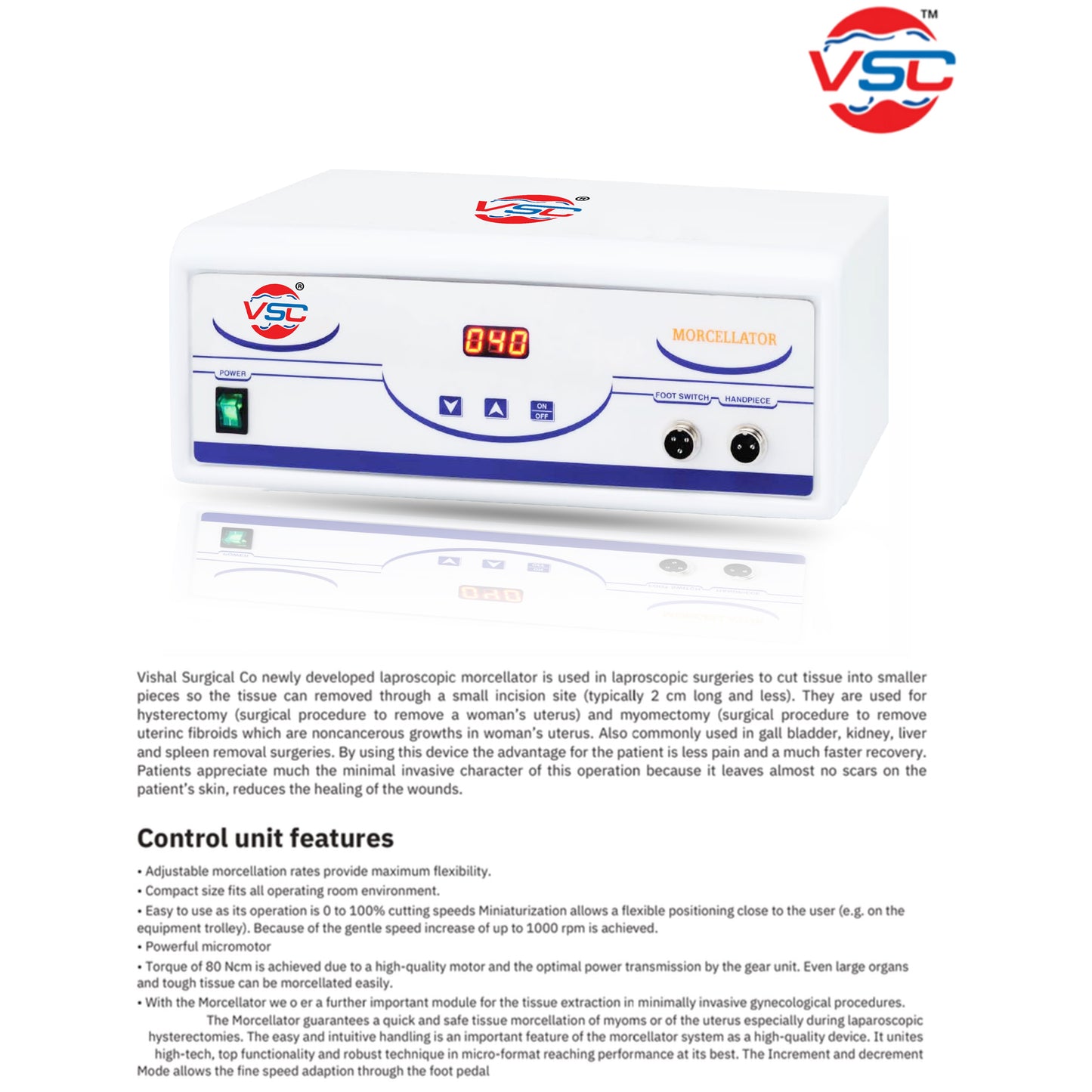 Laparoscopic Morcellator machine by Vishal Surgical Co, used in gynecology surgical procedures, shown in a clinical setting