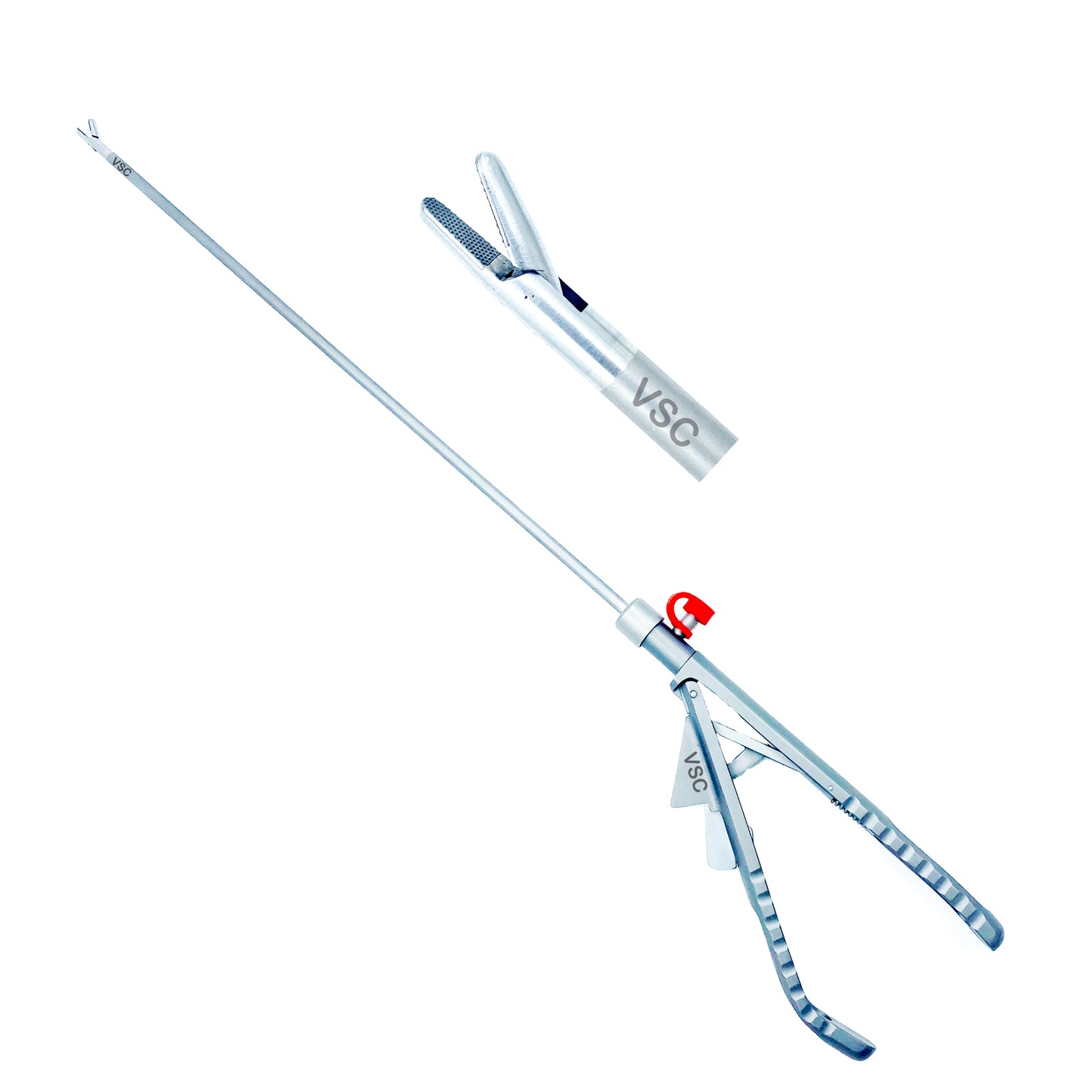 Vishal Surgical Co laparoscopic straight needle holder surgical instrument, 5mm diameter, used in minimally invasive procedures.